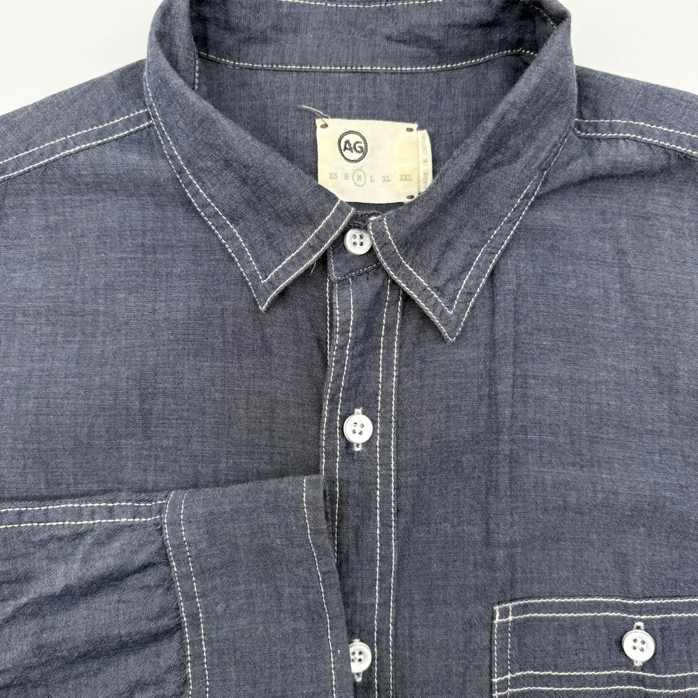 AG Button Down Shirt Mens M Blue Chambray Long Sleeve Contrast Stitch Workwear
